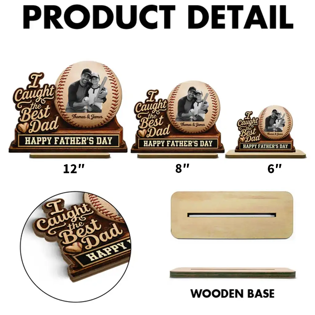 Personalized 2-Layer Wooden Plaque, Baseball Dad Photo Display, Unique Gift for Father's Day