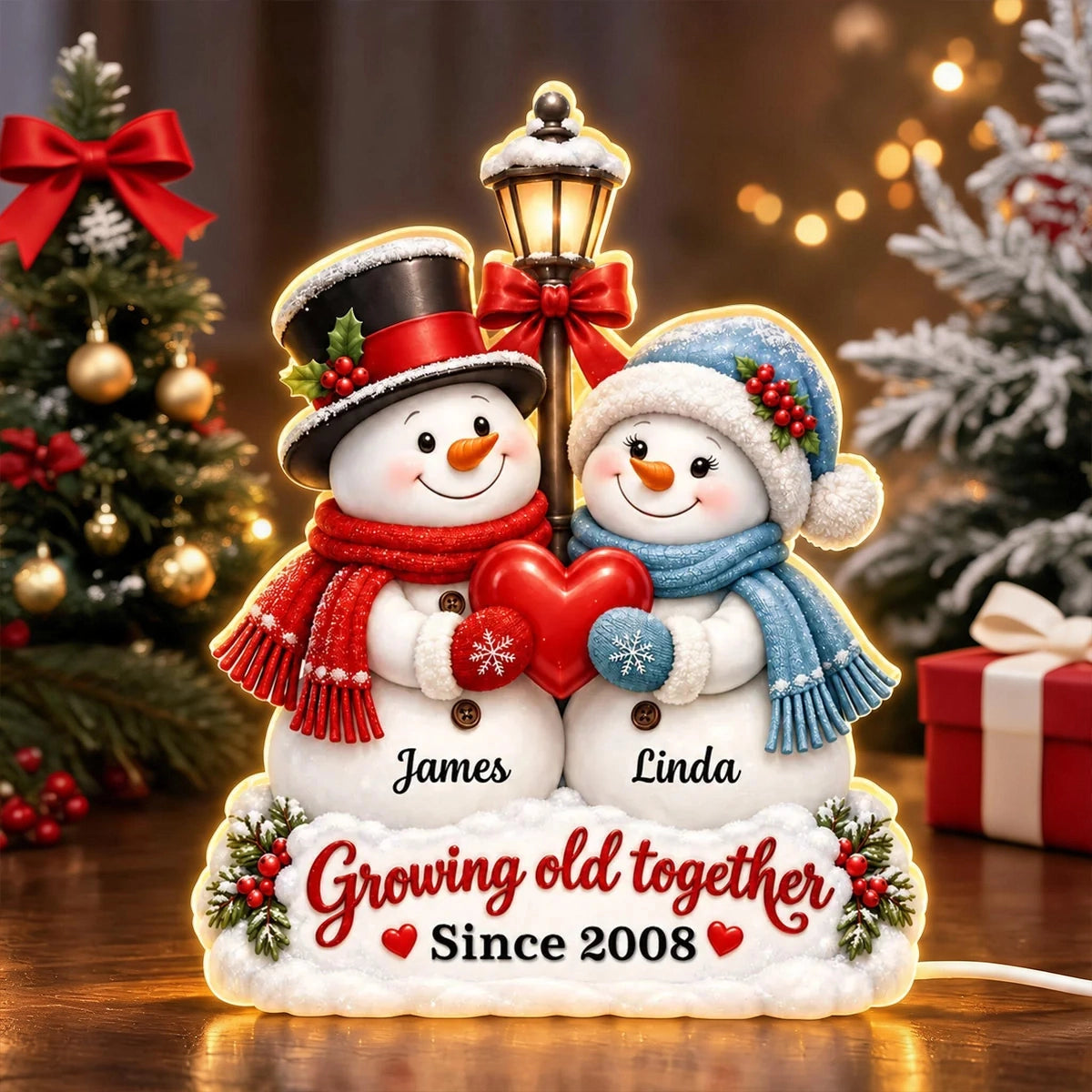 Personalized Growing Old Together Acrylic Light Box, Snowmen Holding a Heart, Creative Gift for a Partner