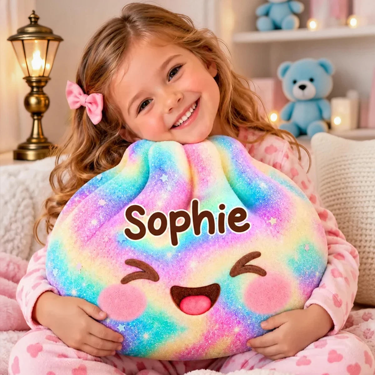 Personalized Rainbow Shaped Pillow, Cute Smiling Character Hugged by a Child, Unique Gift for Kids