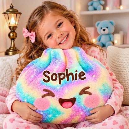 Personalized Rainbow Shaped Pillow, Cute Smiling Character Hugged by a Child, Unique Gift for Kids