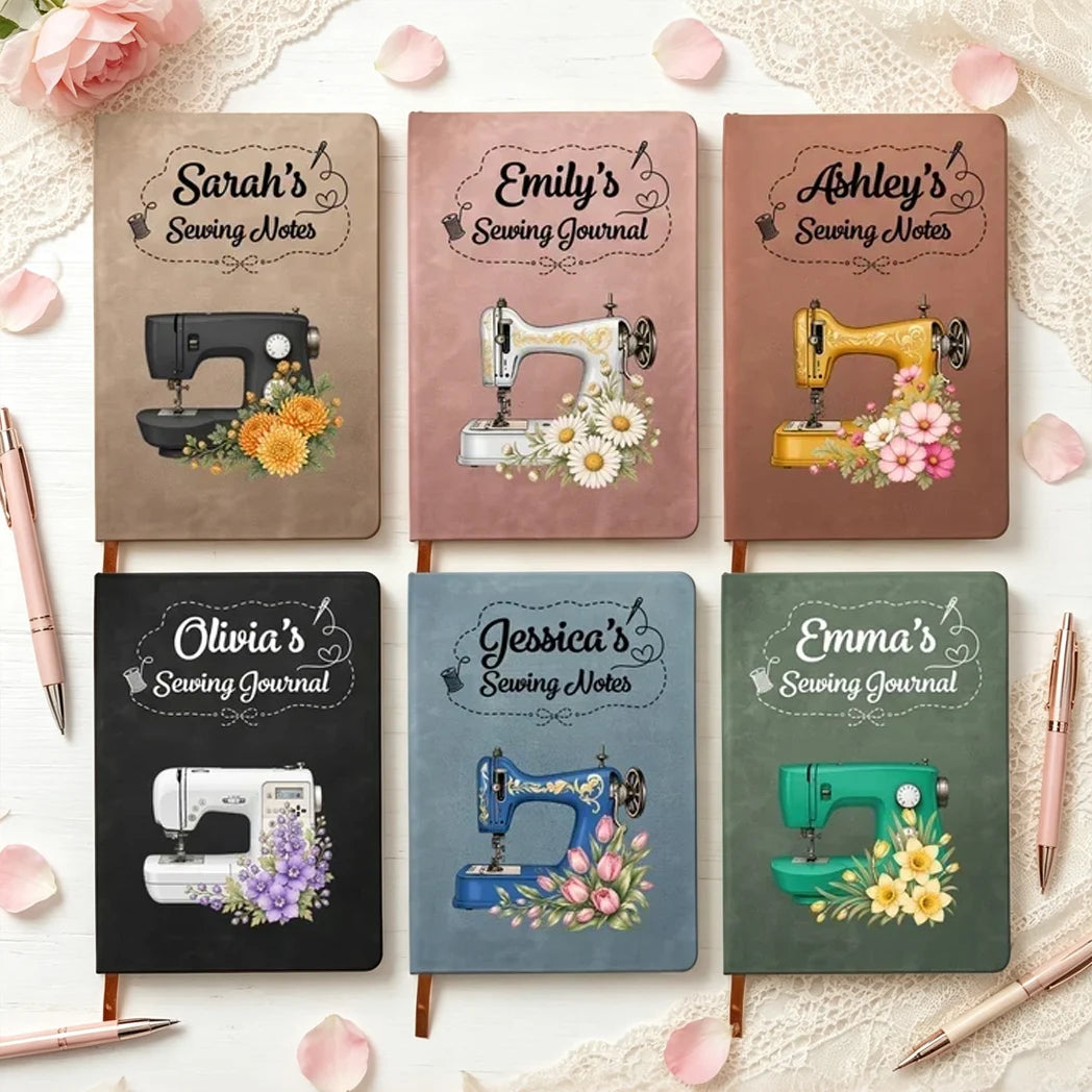 Personalized Leather Journal, Floral Sewing Machine Art, Unique Creative Gift for Sewing Enthusiasts