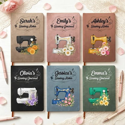 Personalized Leather Journal, Floral Sewing Machine Art, Unique Creative Gift for Sewing Enthusiasts