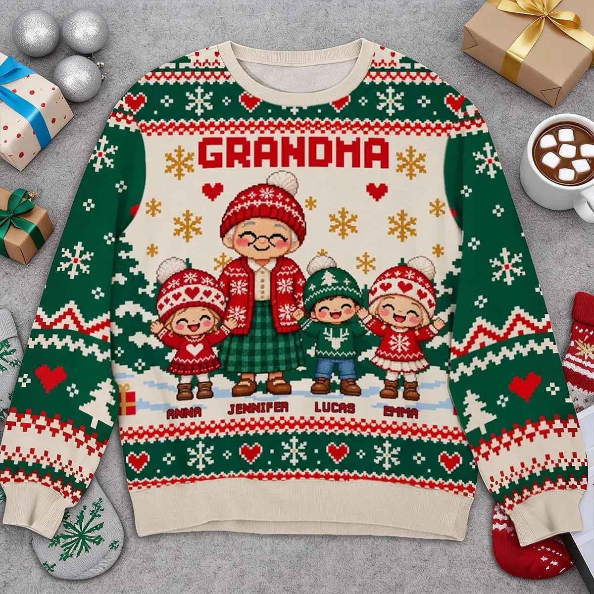 Personalized Printed Sweatshirt, Grandma Holding Hands With Grandkids, Unique Christmas Gift