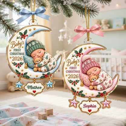 Personalized Acrylic Ornament, Sleeping Baby on Crescent Moon, Unique First Christmas Gift for New Parents