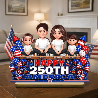 Custom 2-Layer Wooden Plaque, Sitting Family Patriotic Keepsake, Creative Gift for Family