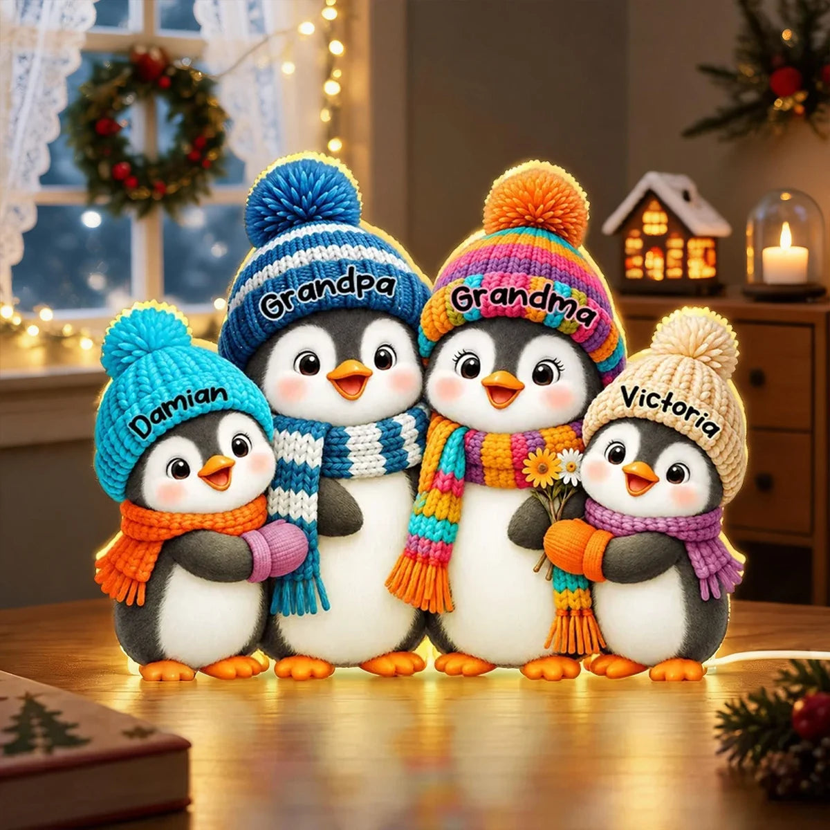 Personalized Acrylic Light Box, Cute Penguin Family in a Cozy Christmas Room, Unique Gift for Grandparents