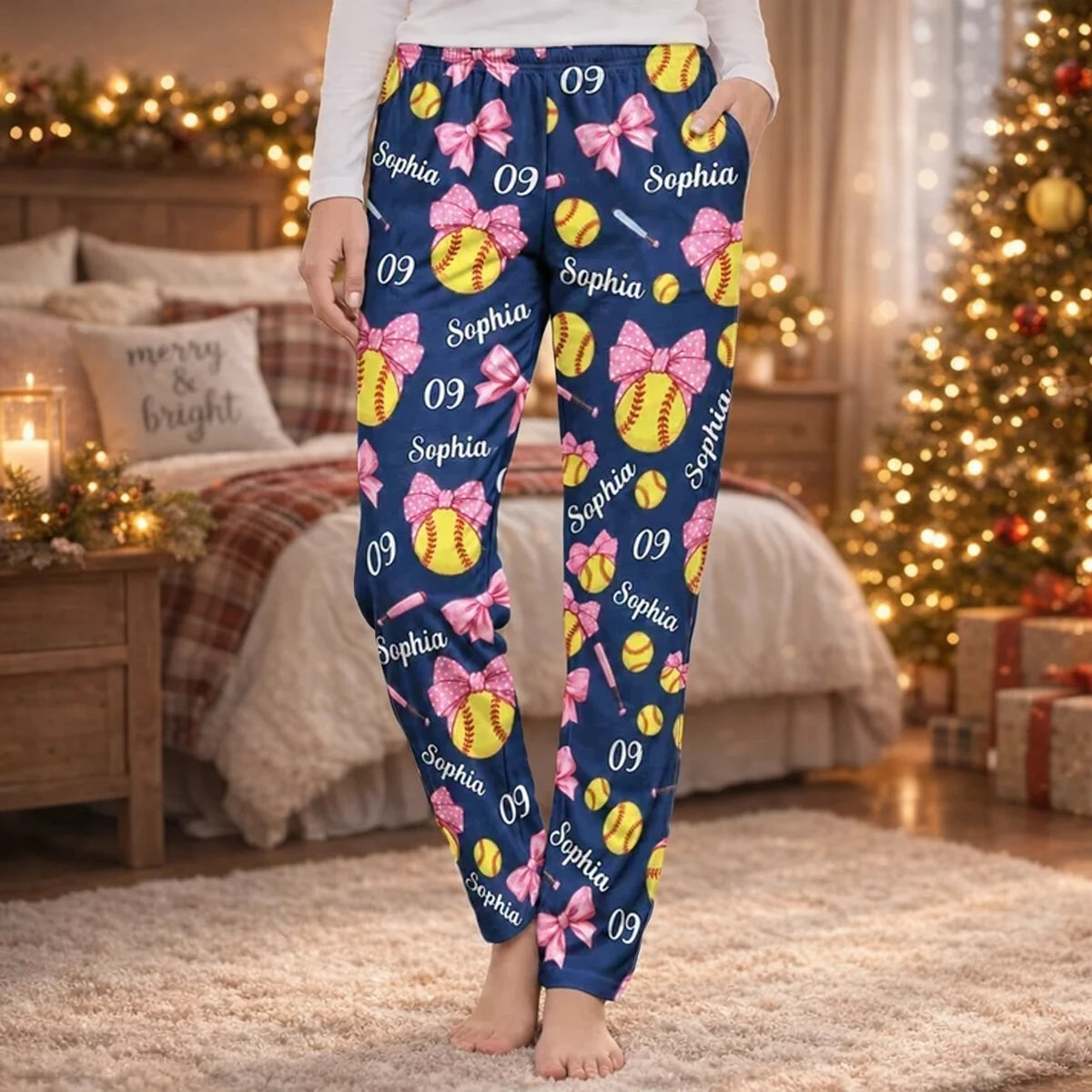 Personalized Printed Lounge Pants with Coquette Bows and Softballs, Unique Gift for Cozy Nights at Home