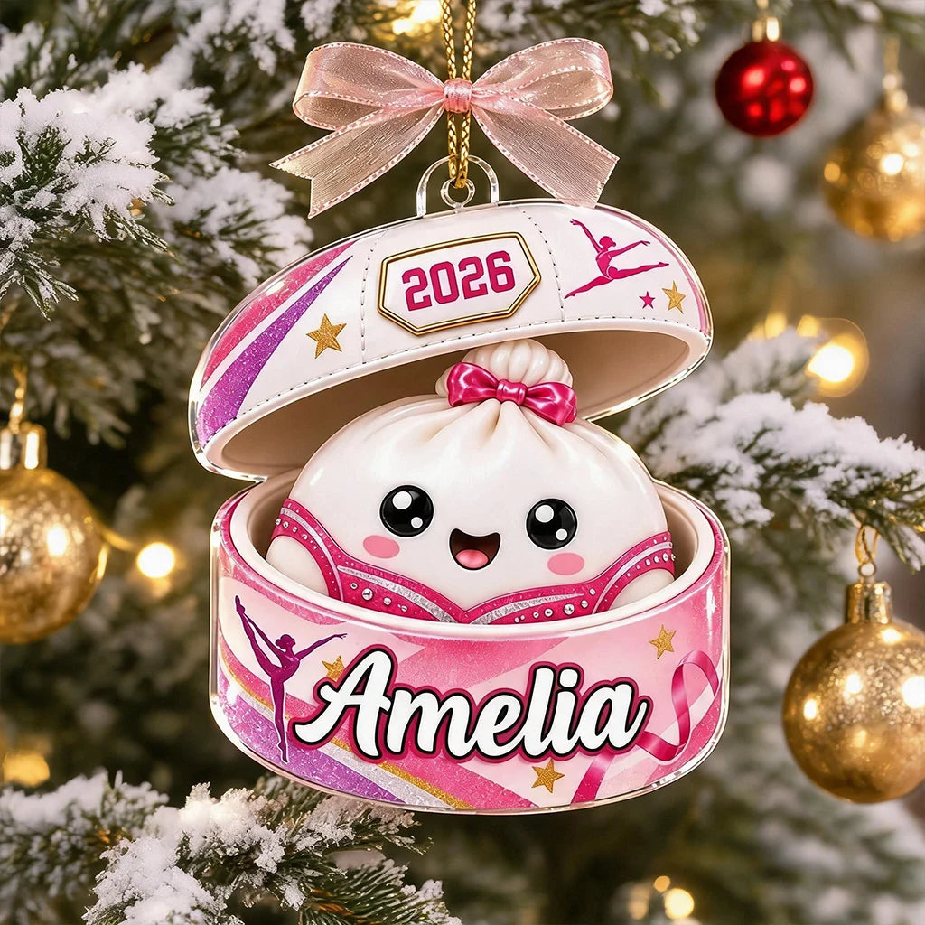 Personalized Acrylic Ornament, Cute Gymnastics Dumpling in Pink Case, Unique Christmas Gift for Gymnast