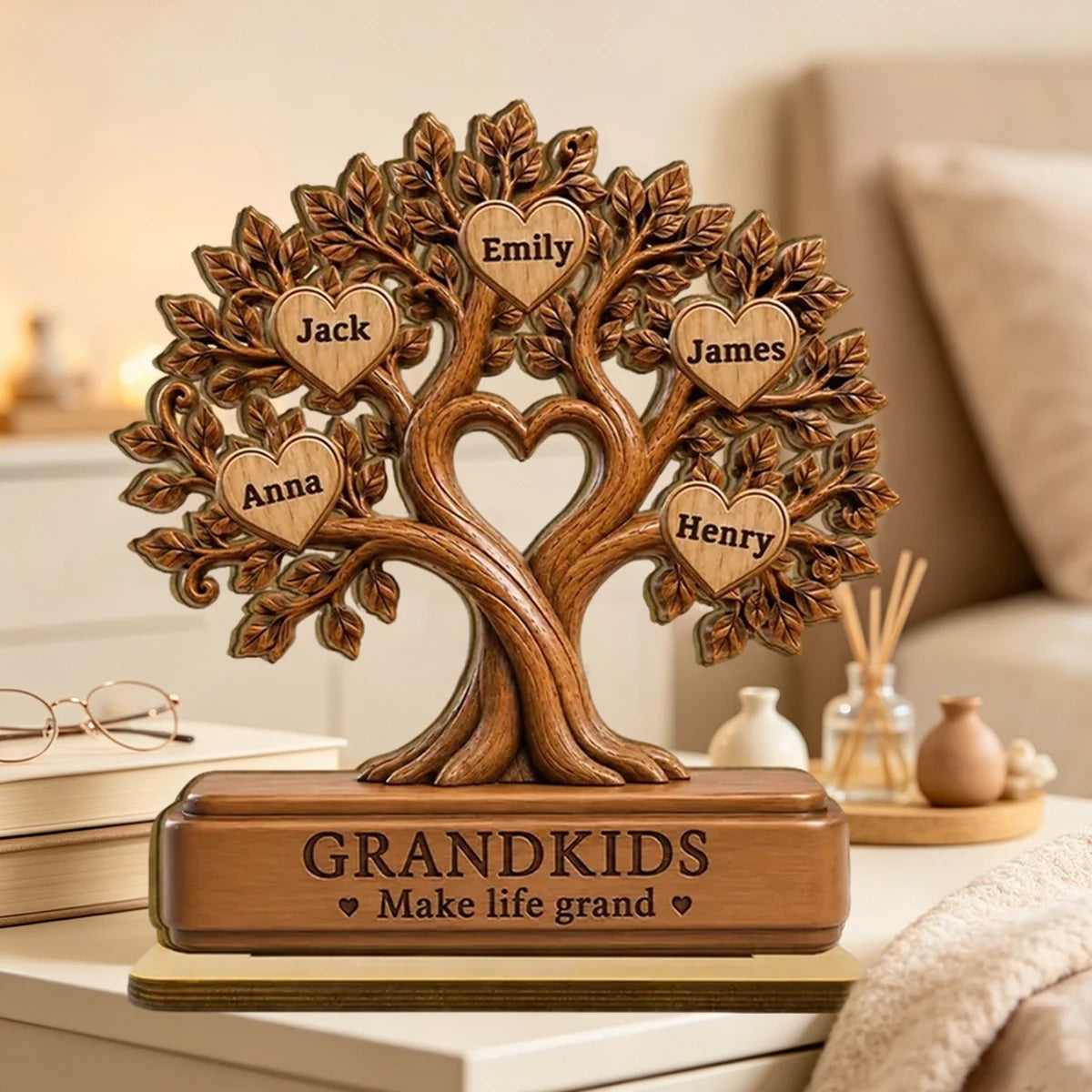 Grandkids Make Life Grand Personalized 2-Layer Wooden Plaque, Warm Brown Family Tree, Unique Gift for Grandparents