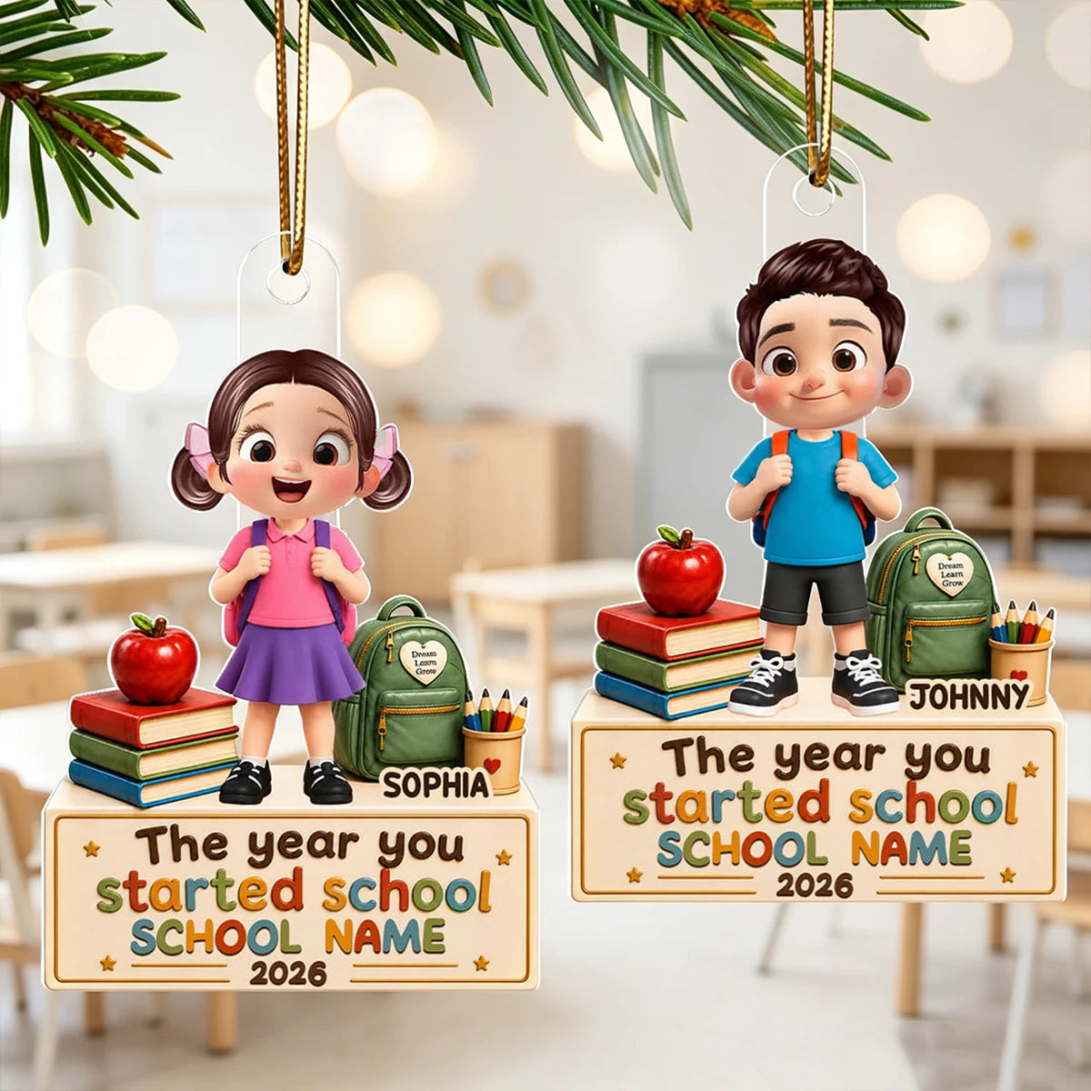 Personalized School Year Acrylic Ornament, Smiling Child with Books and Apple, Creative Gift for Proud Parents