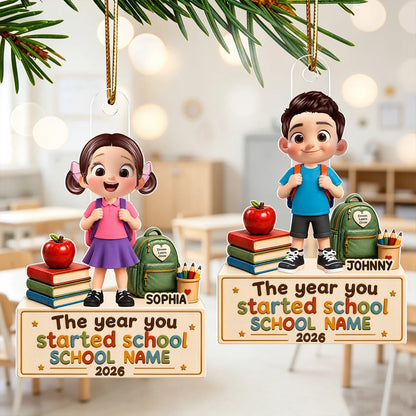 Personalized School Year Acrylic Ornament, Smiling Child with Books and Apple, Creative Gift for Proud Parents