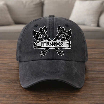 Washed Denim Baseball Cap with Crossed Viking Axes Rune Style, Personalized One of a Kind Everyday Sun Cap, Cool Gift
