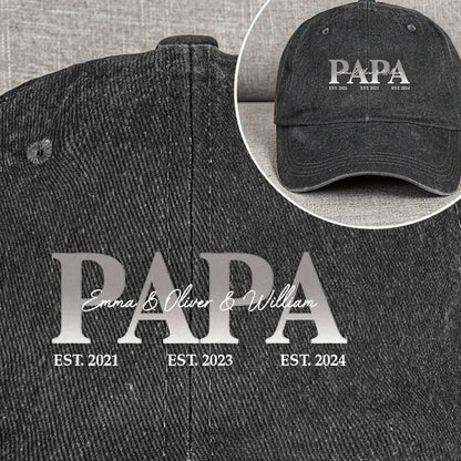 Washed Denim Baseball Cap, Personalized Papa Lettering, Black Vintage Style, Unique Creative Gift for Dad Husband