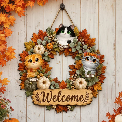 Welcome Home Personalized Wooden Sign, Cute Autumn Cat Wreath Decor, Creative Gift for Pet Owners