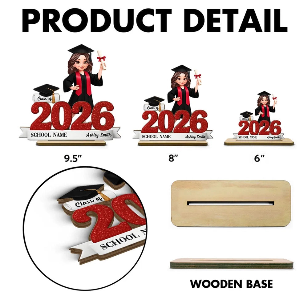 Custom Class Celebration 2-Layer Wooden Plaque, Cute Graduate Figure and Glitter Year Sign, Heartfelt Gift for Grad