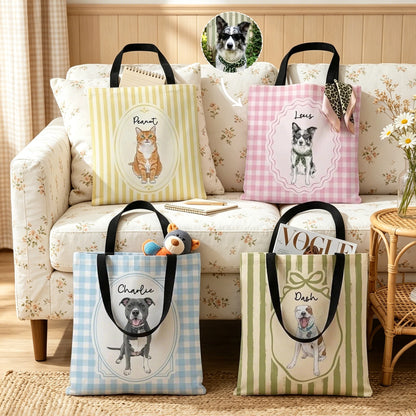 Personalized Pet Portrait Twill Tote Bag, Watercolor Dog & Cat Mom Creative Gift, Pastel Gingham Carryall