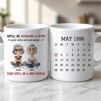 Personalized Ceramic Mug with Sitting Cartoon Couple, Calendar Date Design, Unique Gift for Husband & Wife