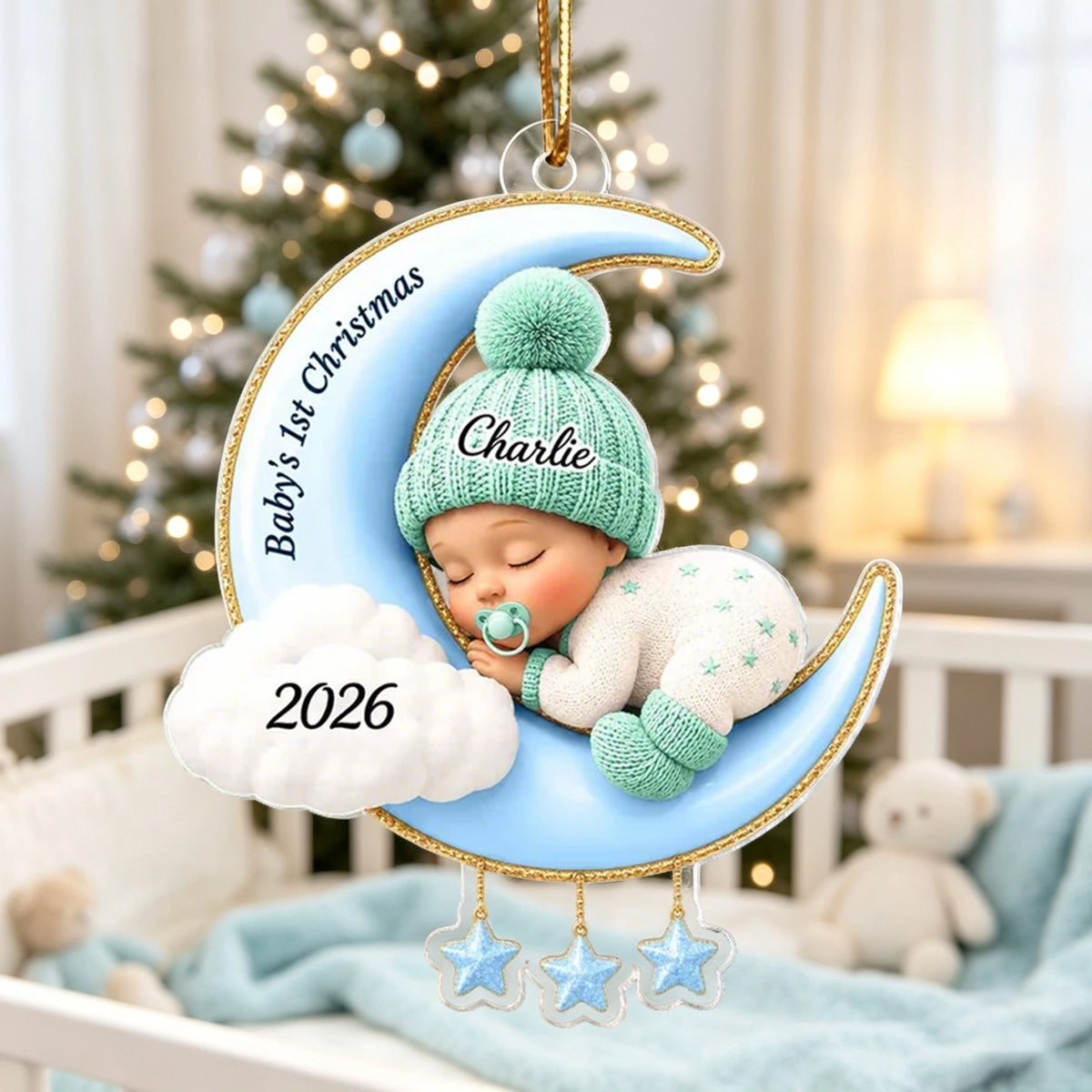 Acrylic Ornament With Sleeping Baby On Moon, Creative Christmas Gift For Baby & Family