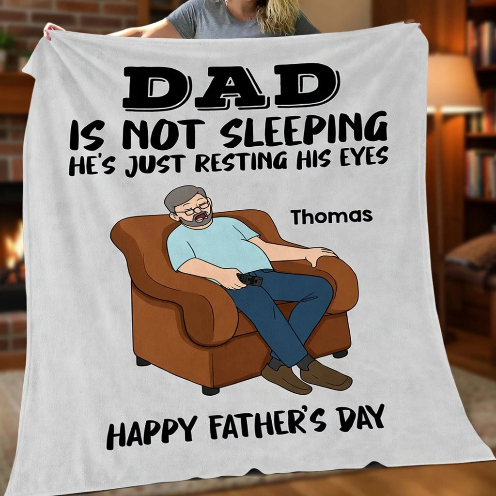 Personalized Fleece Blanket, Resting His Eyes Armchair Dad Cartoon, Unique Father's Day Gift for Dad
