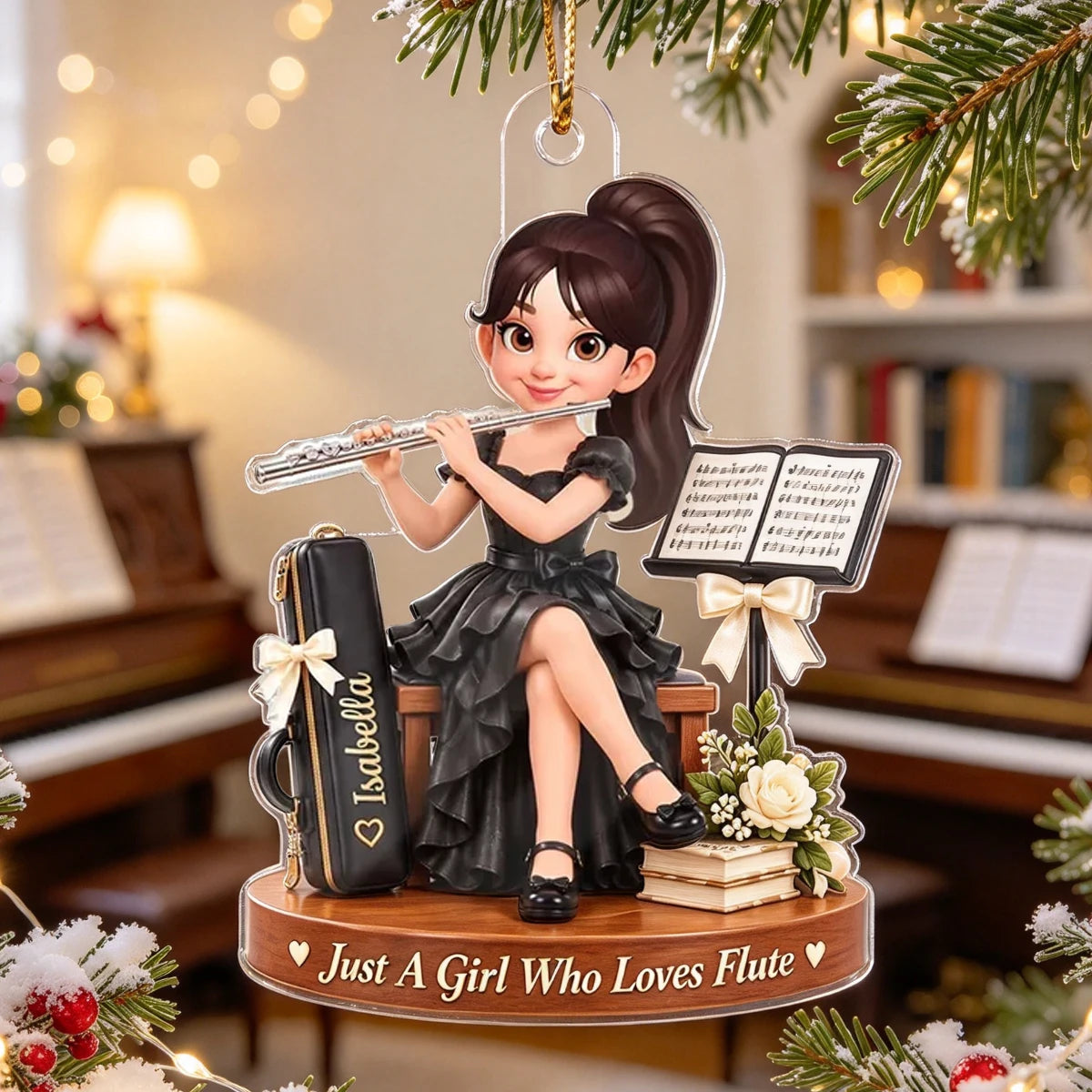 Personalized Acrylic Ornament, Cute Girl Playing Flute on a Christmas Tree, Unique Gift for Daughter or Granddaughter