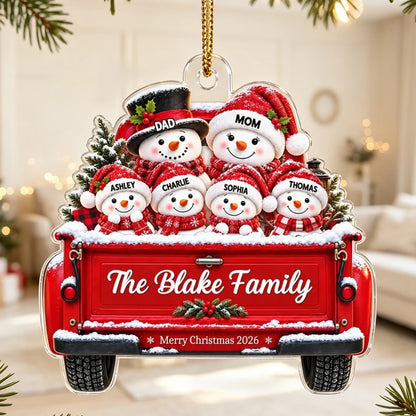 Personalized Acrylic Ornament, Snowman Family Riding in a Snowy Red Truck, Unique Christmas Gift for Family