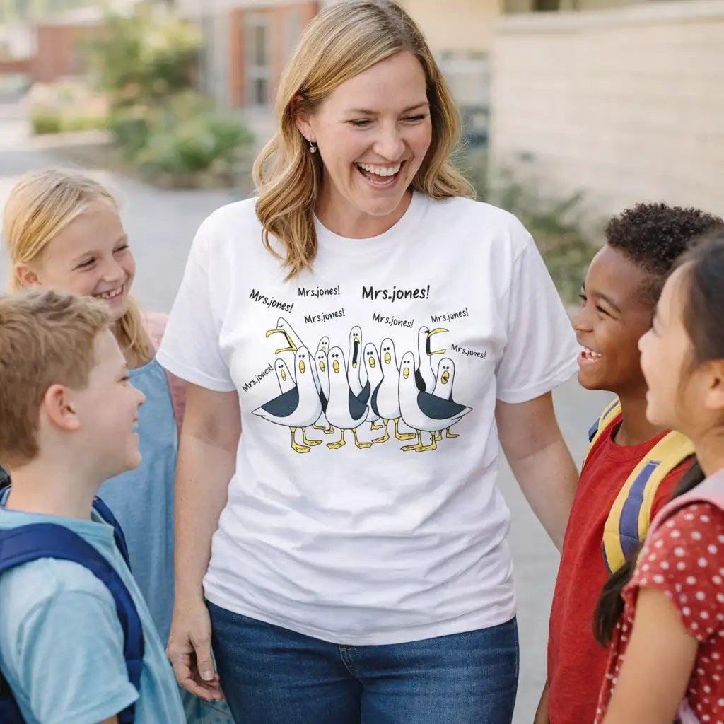Personalized Classic Tee with Funny Seagulls, Unique Teacher Appreciation Gift in Vibrant Pink