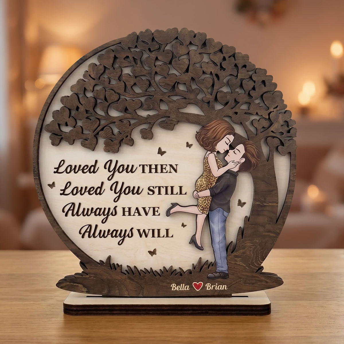 Personalized 2-Layer Wooden Plaque, Hugging Couple Heart Tree, Unique Anniversary Gift For Her