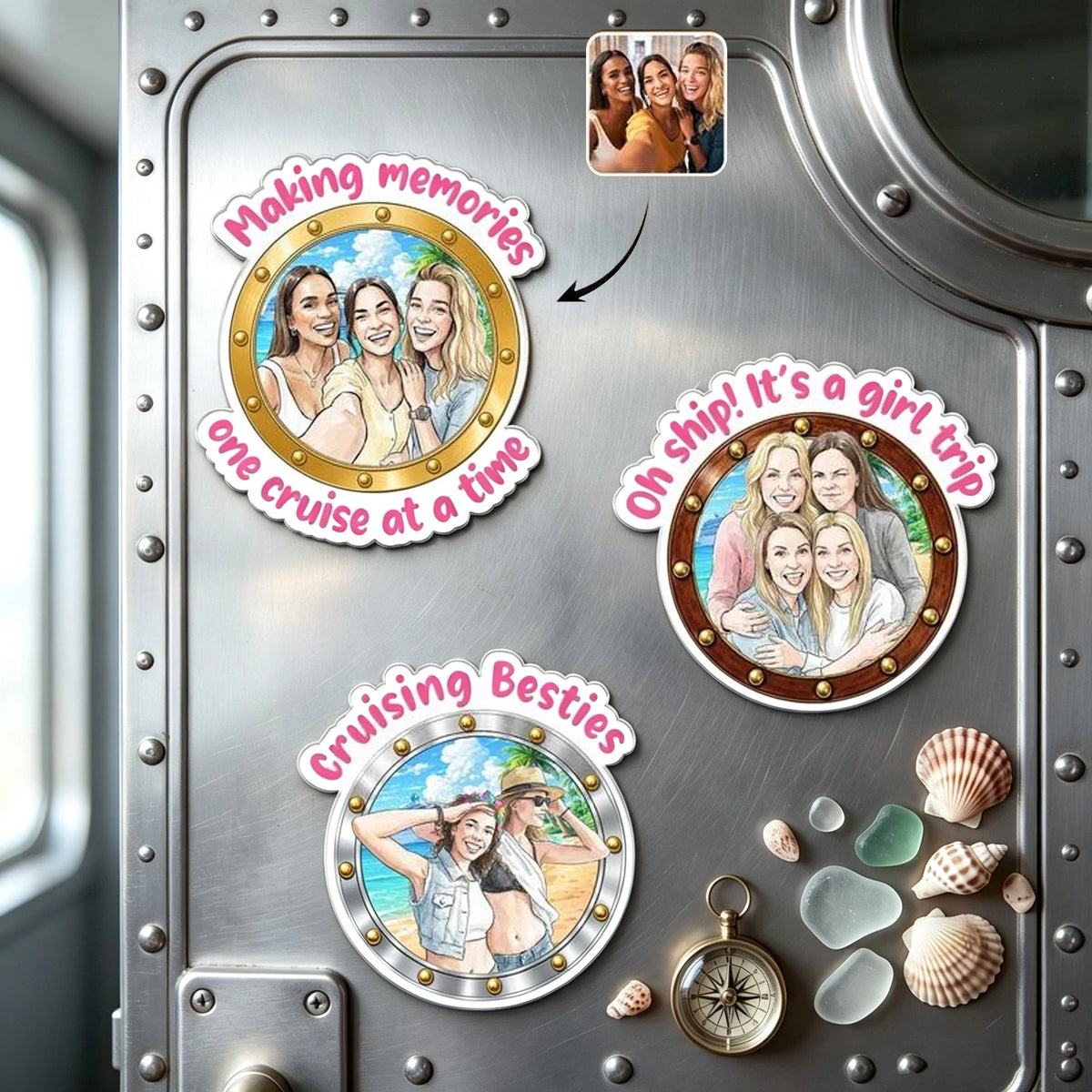 Personalized Acrylic Magnet with Cruise Friends Portrait, Unique Gift for Girl Trip Door Decor