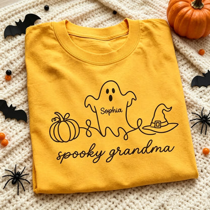 Personalized Spooky Grandma Classic Tee with Ghost Pumpkin and Witch Hat, Unique Halloween Gift for Grandma