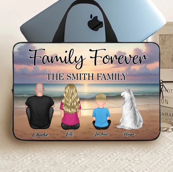 Family Forever Beach Design - Personalized Laptop Bag with Handle , Wooden Carhanger, LED Plaque, Keychain, Poster, Wallet Card, and Pillow, Unique Gift