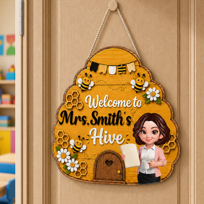 Personalized Wooden Sign with Teacher Holding a Book, Bee Hive Classroom Decor, Unique Back to School Gift