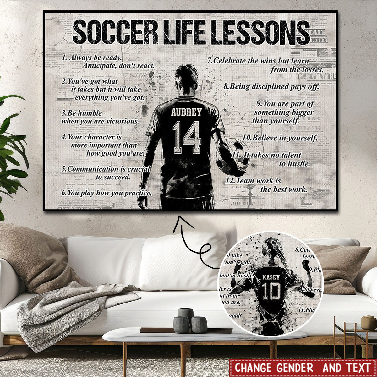 Soccer Life Lessons Personalized Canvas, Back View Player Art, Unique Gift for Soccer Player
