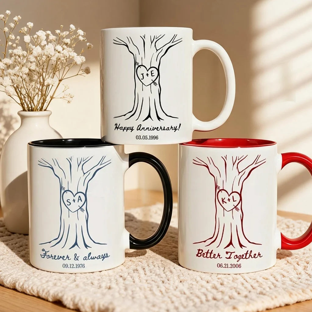Personalized Mug with Hand-Drawn Tree Heart, Unique Creative Anniversary Gift for Couples