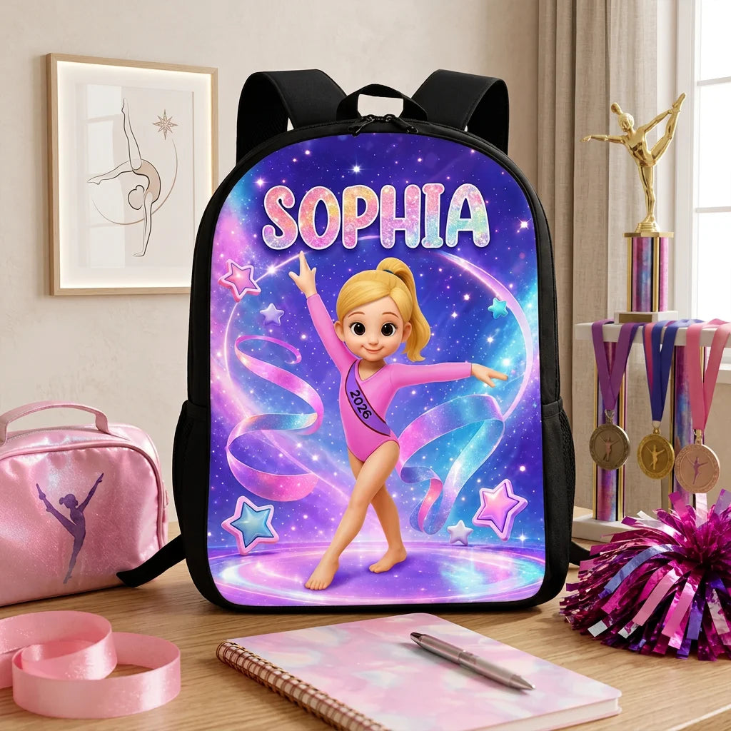 Kids School Backpack with Custom Gymnastics Art, Sparkly Purple Ribbons, Creative Gift for Granddaughter