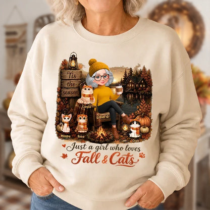 Personalized Sweatshirt, Woman with Cats by an Autumn Lakeside Campfire, Unique Gift for Cat Moms