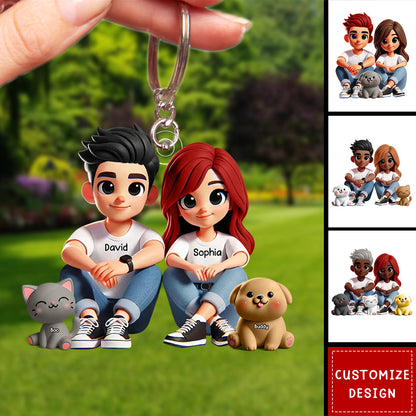 Personalized Acrylic Keychain – Cute Couple Cartoon Keychain with Names and Pet, Perfect Gift for Couples, Custom Love Keepsake for Family and Relationship Celebrations