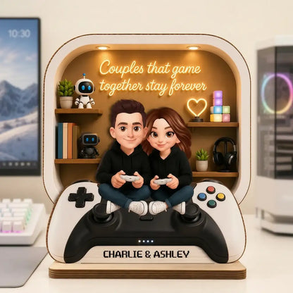 Personalized 2-Layer Wooden Plaque, Gaming Couple Cartoon Scene, Unique Gift for Shared Playtime