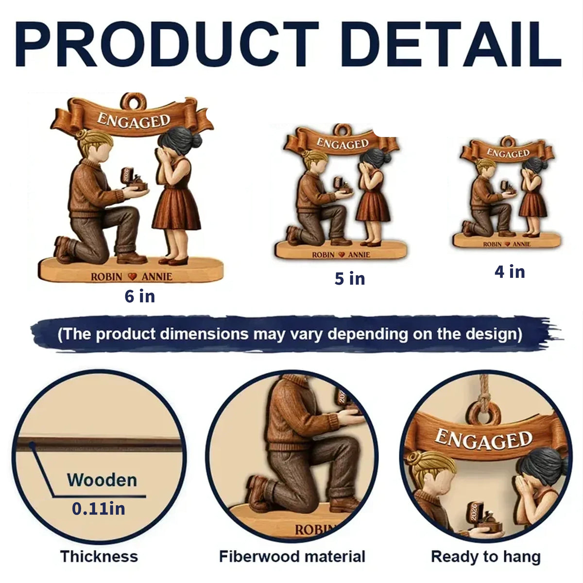 Personalized Wooden Ornament, Warm Brown Kneeling Proposal Scene, Unique Creative Gift for an Engaged Couple