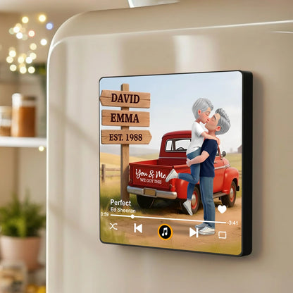 Acrylic Music Magnet Personalized Couple Kissing by Red Pickup Truck Fridge Decor Unique Romantic Gift