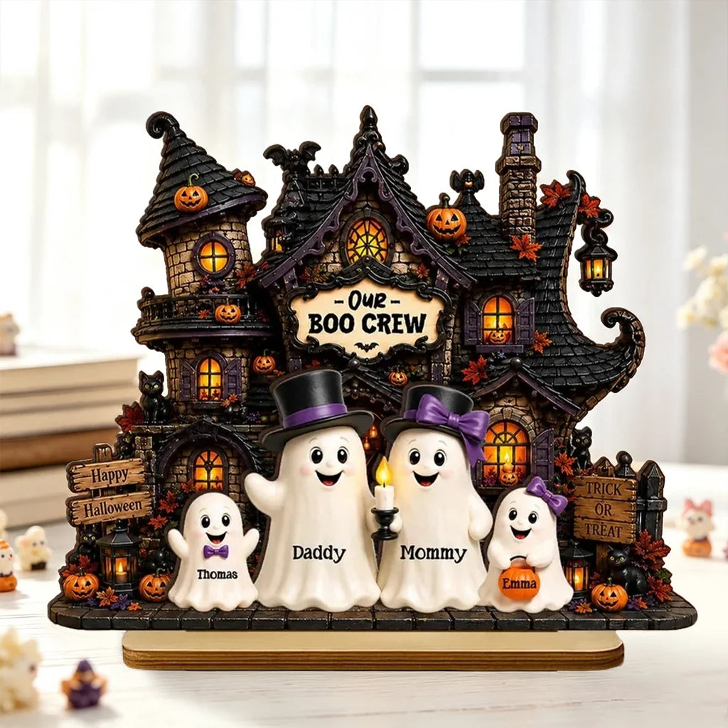 Personalized Layered Wooden Plaque, Ghost Family at Haunted House, Unique Halloween Gift for Family
