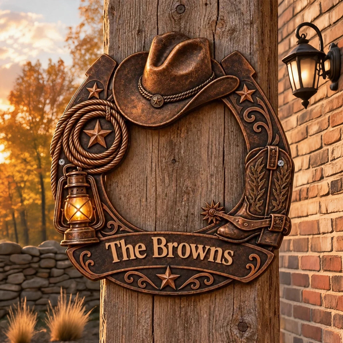 Personalized Shaped Metal Sign, Rustic Cowboy Decor with Hat, Boots & Rope, Unique Gift for Family