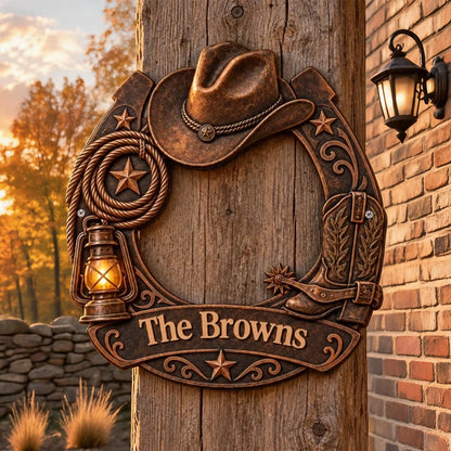 Personalized Shaped Metal Sign, Rustic Cowboy Decor with Hat, Boots & Rope, Unique Gift for Family