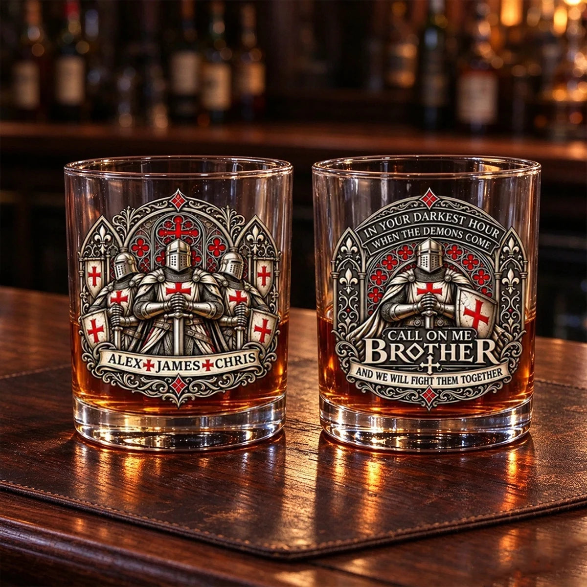 Personalized Whiskey Glass with Armored Knights, Unique Gift for Brother in Red, Black and Gold