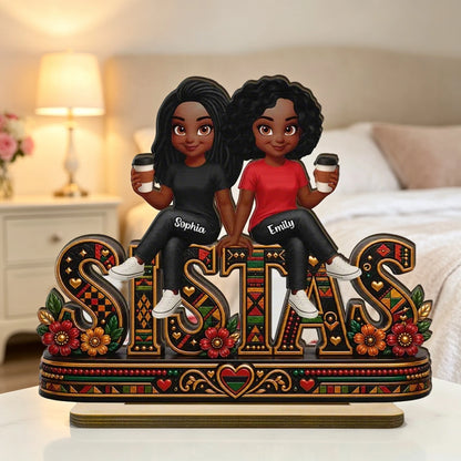 Personalized 2-Layer Wooden Plaque, Sistas Cartoon Display With Coffee Cups, Unique Sister Gift