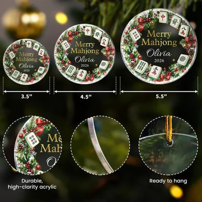 Personalized Acrylic Ornament with Merry Mahjong Wreath, Unique Christmas Gift for Mahjong Lovers