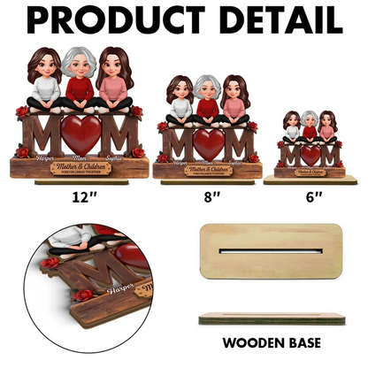 Personalized 2-Layer Wooden Plaque Mom and Daughters Cartoon Sitting on MOM Heart - Unique Mother's Day Gift