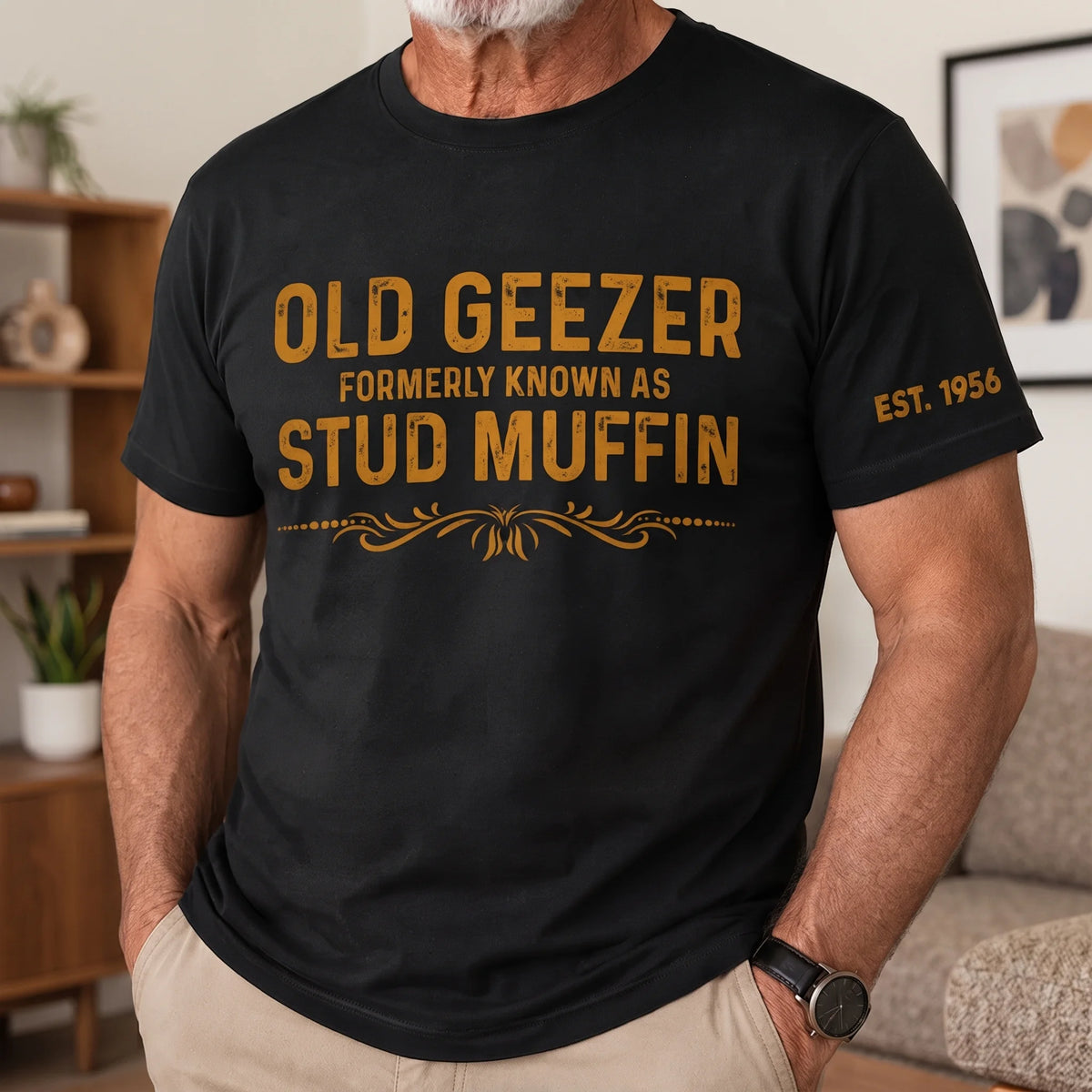 Dual Print Classic Tee, Old Geezer Humor, Vintage Orange Graphic, Cozy Living Room, Unique Creative Gift for Him