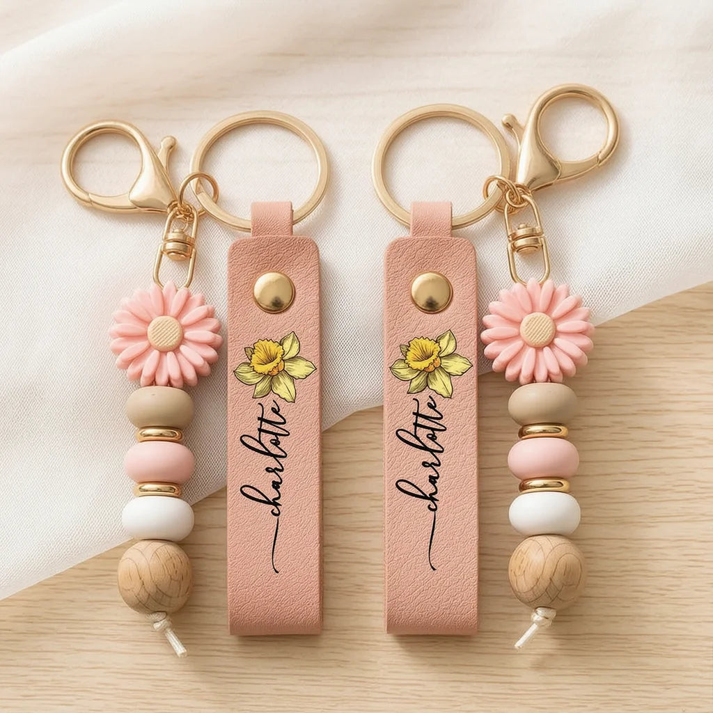 Personalized PU Leather Daisy Keychain, Pink Floral Design, Unique Gift for Daughter, Friend or Coworker