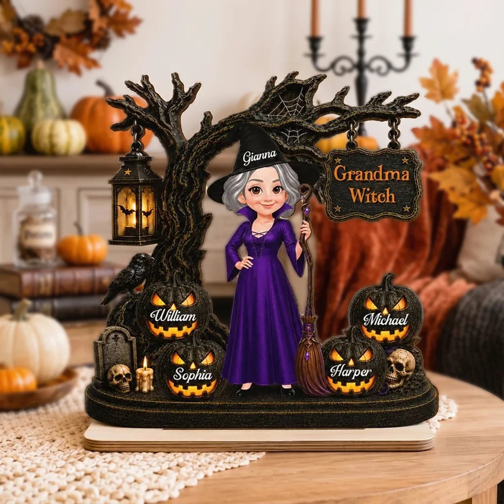 Personalized Wooden Plaque, Grandma Witch With Grandkids Jack-O'-Lanterns, Unique Halloween Gift for Grandma