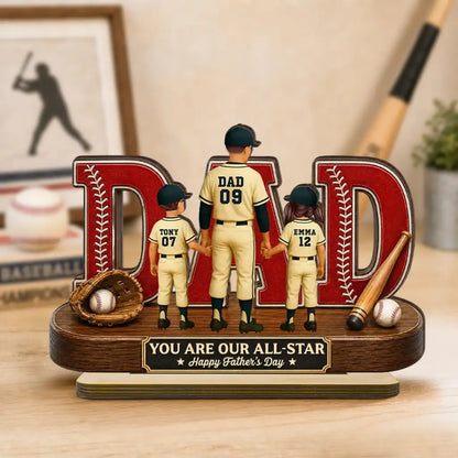 Personalized 2-Layer Wooden Plaque for Dad, Baseball All-Star Family Unique Gift with Kids Holding Hands